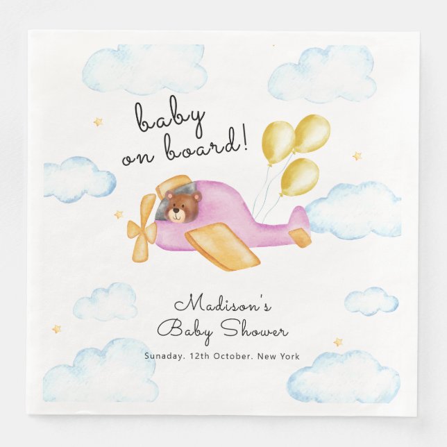 Pilot Teddy Bear Balloon Airplane Baby Shower  Serviette (Vorderseite)