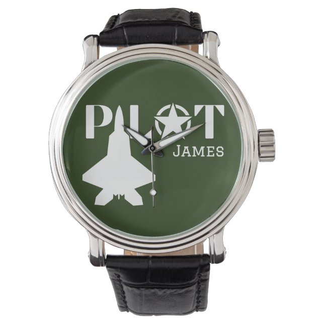 Pilot Typografie und Minimalistisches Flugzeug Armbanduhr (Vorderseite)