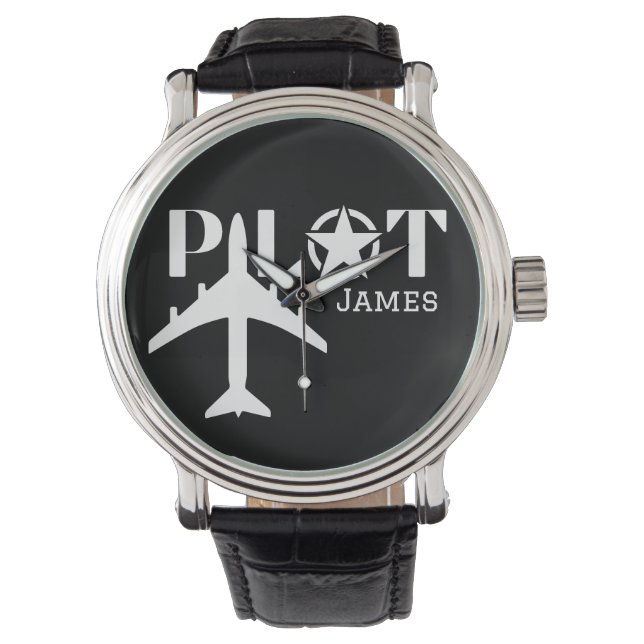 Pilot Typografie und Minimalistisches Flugzeug Armbanduhr (Vorderseite)