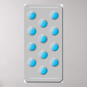 Pilules bleues dans une affiche de paquet