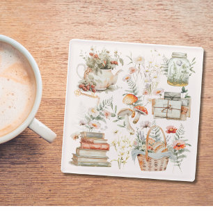 Pilz-Blumen-Whimsical-Cottagecore-Kunst mit Bücher Glasuntersetzer