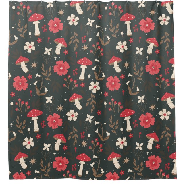 Pilzblumen dunkle botanische Hütte Duschvorhang (Vorderseite)