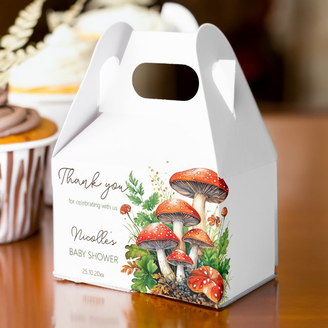 Pilze aus dem Wildwald Babyduschfavoriten Geschenkschachtel (Wild forest red mushrooms fern baby shower favors personalized printed favor box  template )