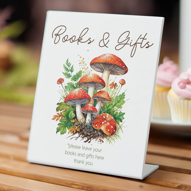 Pilze aus dem Wildwald Babyduschgeschenke Sockelschild (Wild forest red mushrooms green fern baby shower books and gifts pedestal sign table decor)