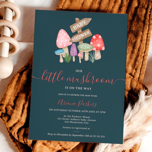 Pilze aus niedlichem Herbstmauerwerk Kinderdusche Einladung (Cute fall fairy woodland mushrooms baby shower invitation on dark blue)