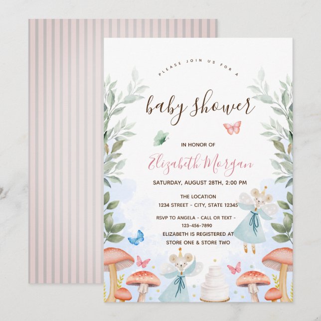 Pilze, Babymäuse Rosa Streifen Babydusche Einladung (Vorne/Hinten)
