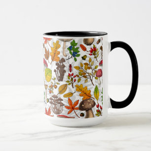 Pilze, Blätter, Nüsse und Beeren im Herbst auf Wei Tasse