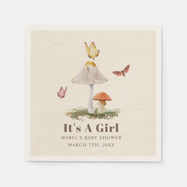 Pilze Butterfliegen Woodland Girl Babydusche Na Serviette (Vorderseite)