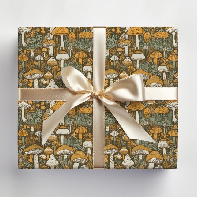 Pilze CottageCore Retro Brown Seidenpapier (Retro mushroom gift wrapping paper)