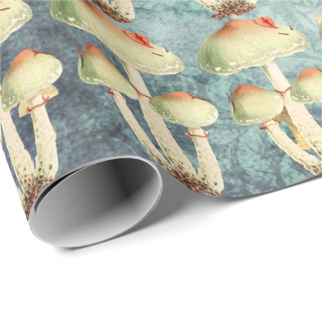 Pilze Gold Woodland Antikes Blau Aquamarin Geschenkpapier (Rolleneckpunkt)