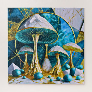 Pilze in Blaugrün Gold Weiß Marmor Surreal