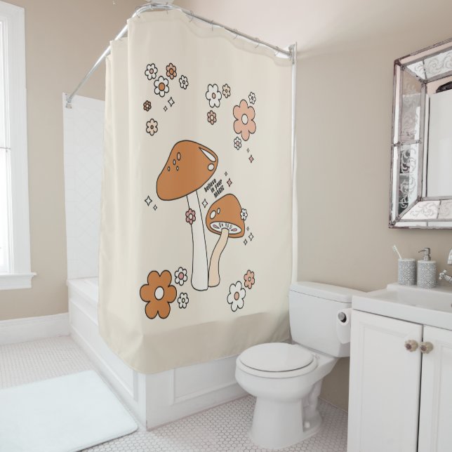 Pilze und Blume Erdtöne Beige Retro 70er Duschvorhang (Beispiel)