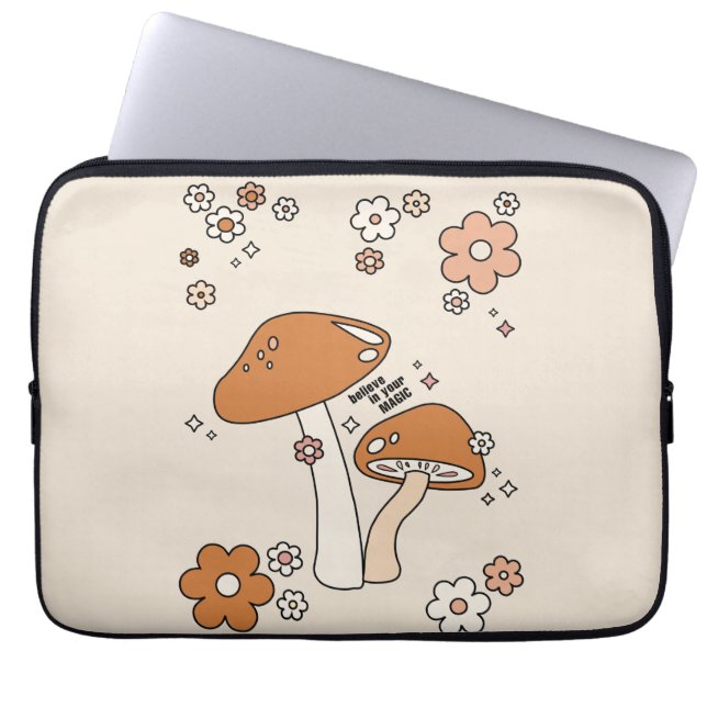Pilze und Blume Erdtöne Beige Retro 70er Laptopschutzhülle (Vorderseite)