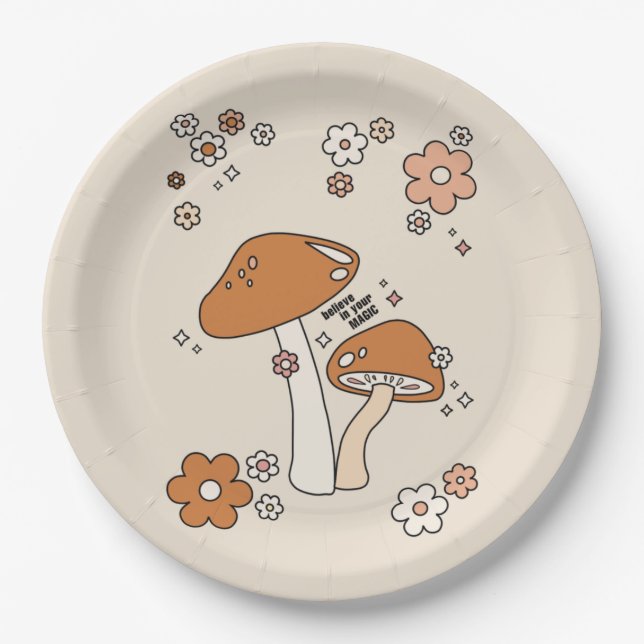 Pilze und Blume Erdtöne Beige Retro 70er Pappteller (Vorderseite)