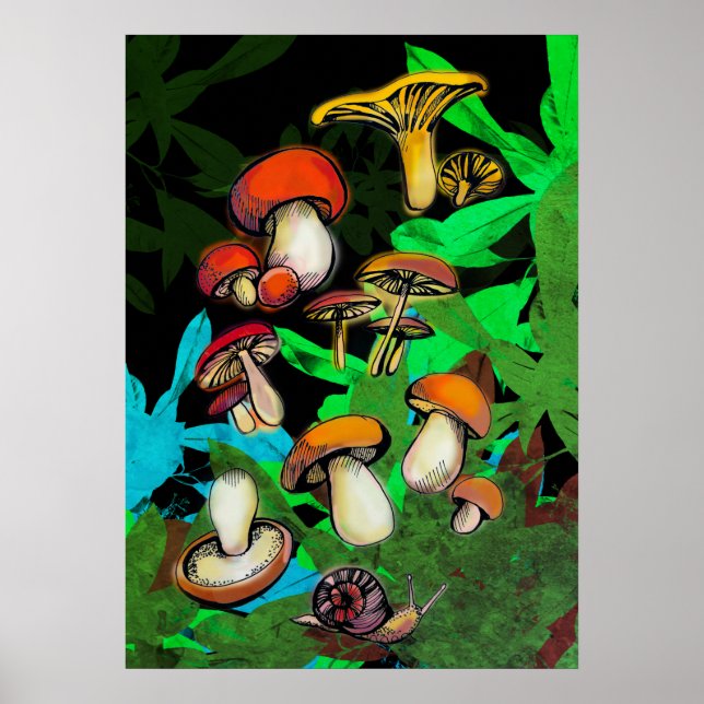 Pilze und eine Schnecke Poster (Vorne)