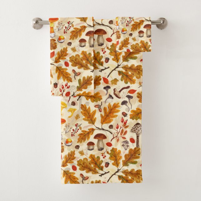 Pilze und Herbstflora auf Sahne Badhandtuch Set (Insitu)