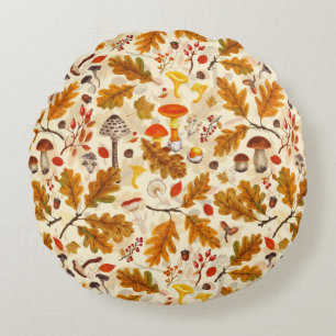 Pilze und Herbstflora auf Sahne Rundes Kissen
