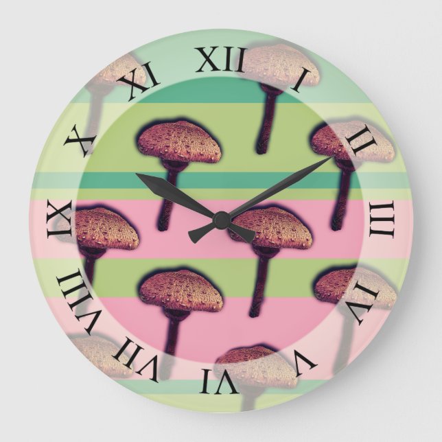 Pilze- und Streifen-Wandklemme Große Wanduhr (Vorderseite)