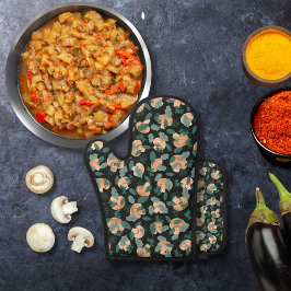 Pilze und weiche Grüntöne schwarz Ofenhandschuh & Topflappen-Set