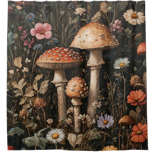 Pilze und Wildblumen, botanisch Duschvorhang (Vorderseite)