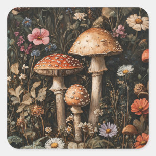 Pilze und Wildblumen, botanisch Quadratischer Aufkleber