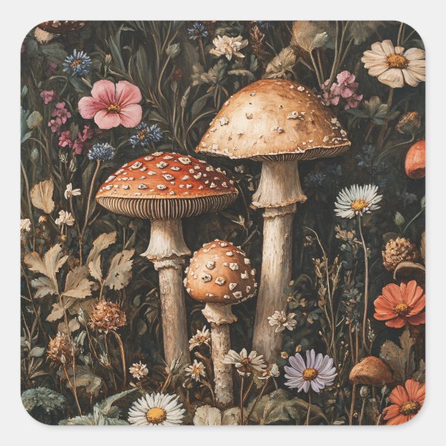 Pilze und Wildblumen, botanisch Quadratischer Aufkleber (Vorderseite)