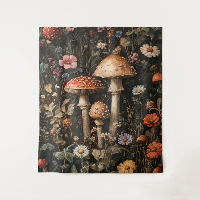 Pilze und Wildblumen, botanisch Wandteppich (Vorderseite)