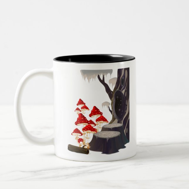 Pilzfliege und Bäume Zweifarbige Tasse (Links)