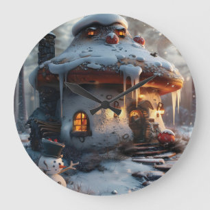 Pilzhaus im Schnee Große Wanduhr
