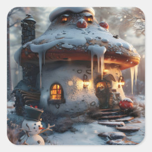 Pilzhaus im Schnee Quadratischer Aufkleber