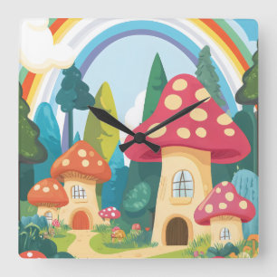 Pilzhäuser und Regenbogen 12 Quadratische Wanduhr