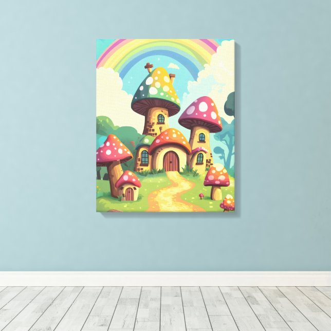 Pilzhäuser und Regenbogen 4 Leinwanddruck (Insitu (Holzboden))