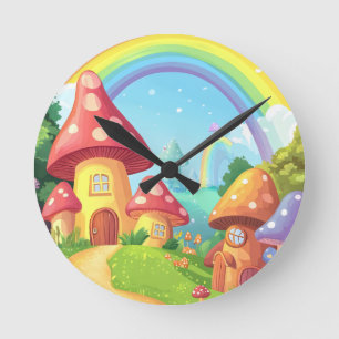 Pilzhäuser und Regenbogen Runde Wanduhr