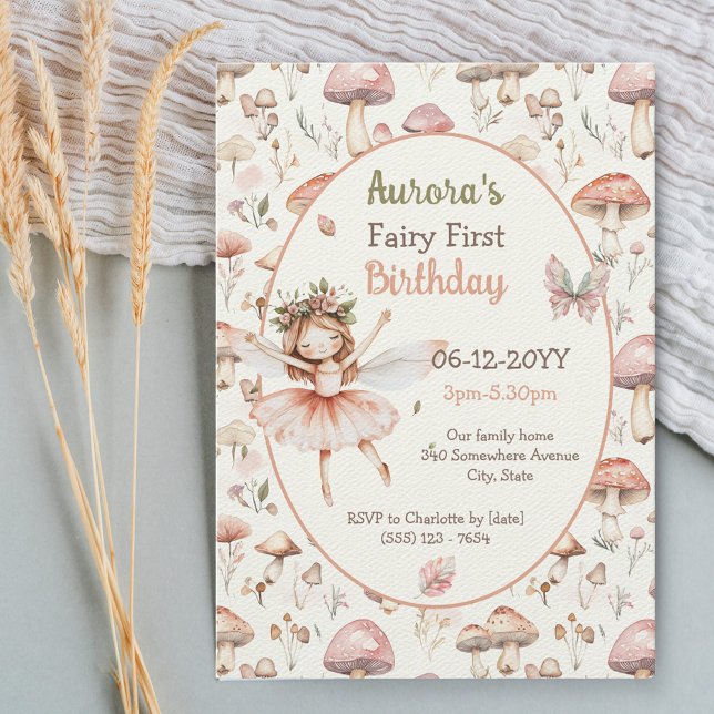 Pilzpilz Aquarell Fairy Erster Geburtstag Einladung (Von Creator hochgeladen)