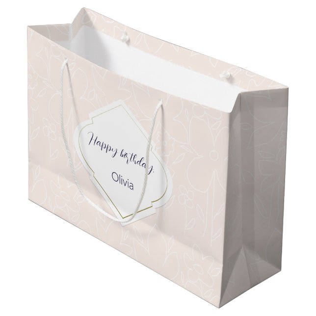 Pimk Weiße Wildblumen Muster Mit Monogramm Große Geschenktüte (Vorderseite Schrägansicht)