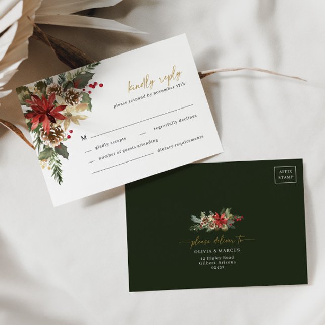 Pin de Noël Floral Mariage d'hiver Carte RSVP (RSVP Card Front/Back)