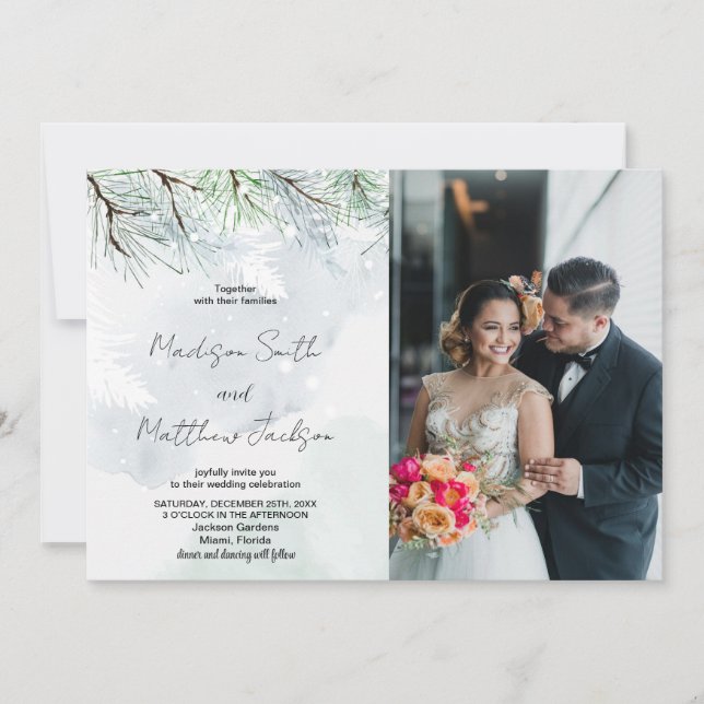 Pin d'hiver blanc Neige Mariage Invitations avec p (Devant)