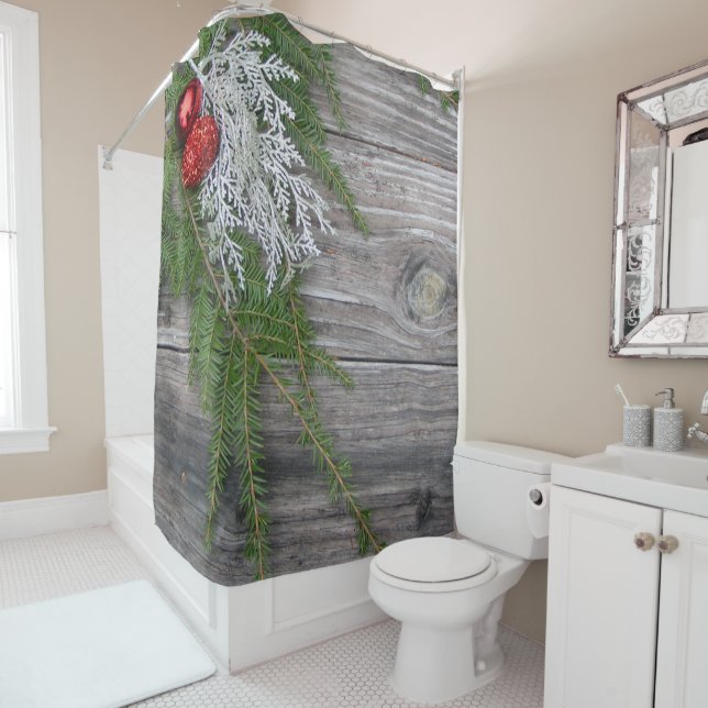 Pin Et Bois Patiné Rideau De Douche De Noël (En situation)