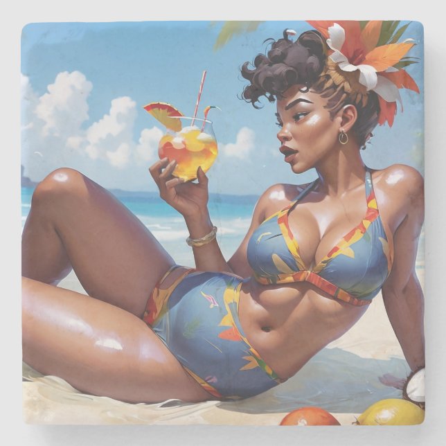 Pin-up am Strand Steinuntersetzer (Vorderseite)
