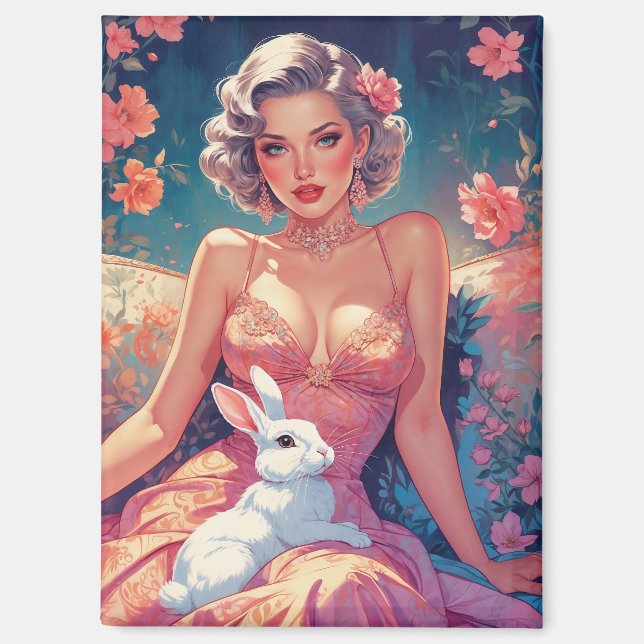 Pin-Up-Blumenbild süßer Osterhase Magnet (Vorderseite)