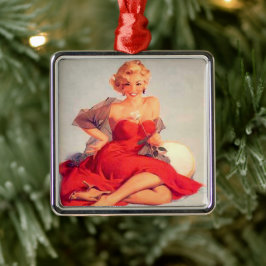 Pin Up Girl Red Dress and Rose Ornament Aus Metall