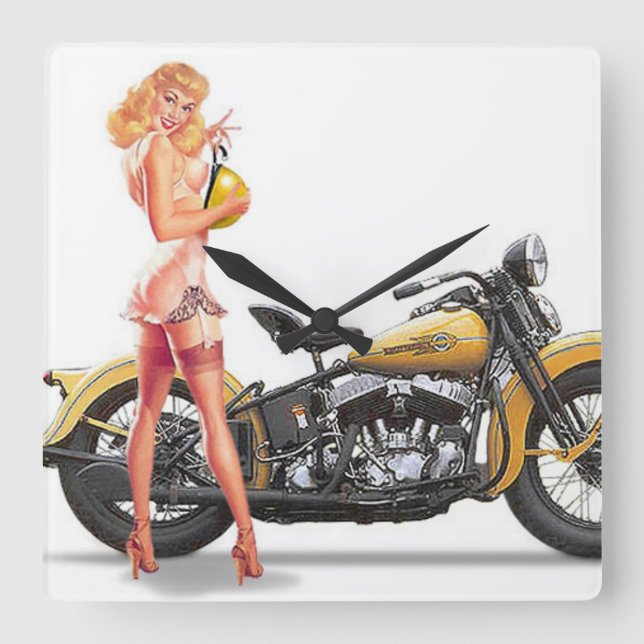 Pin Up Sexie Motor Clock Quadratische Wanduhr (Vorderseite)