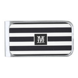 Pince À Billets Argentée Moderne Chic Monogramme Cool initial Noir Blanc