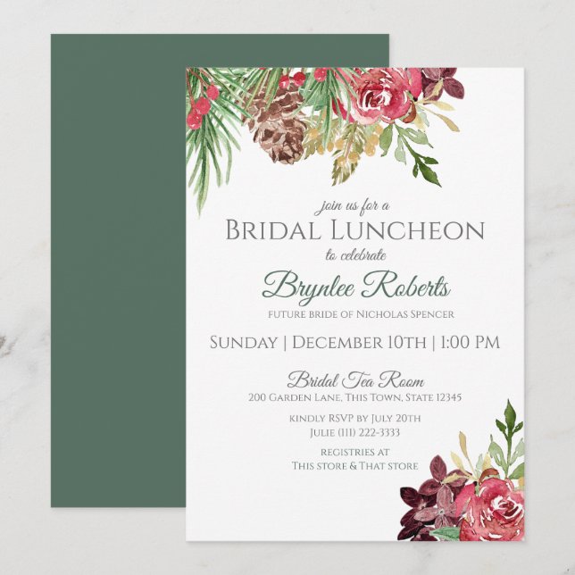 Pine and Berries Winter Floral Bridal Luncheon Einladung (Vorne/Hinten)