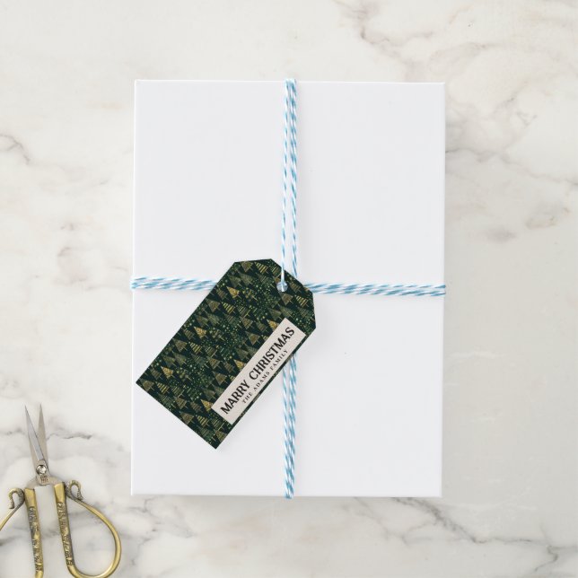 Pine Bäume und Sterne Grüne Gewohnheit Frohe Weihn Geschenkanhänger (Mit Garn)