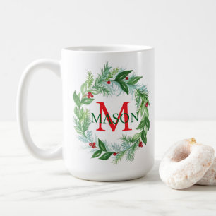 Pine Berries Wreath Monogram Weihnachtskaffee Tass Kaffeetasse