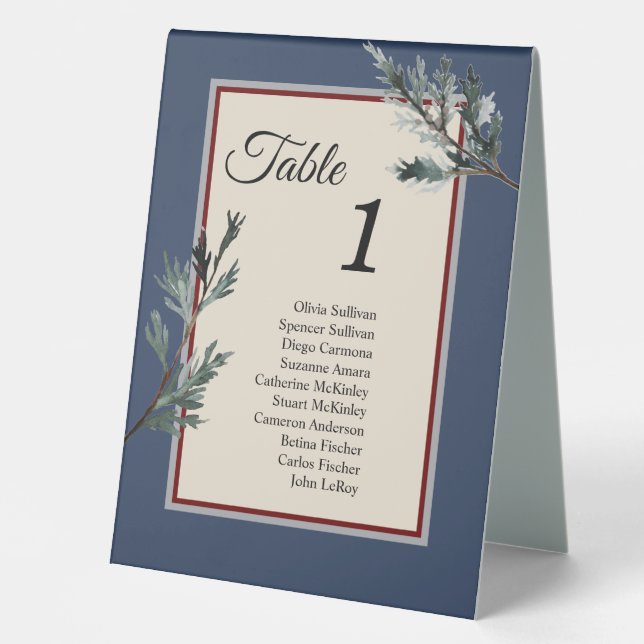 Pine Blue Winter Table Zelt mit Gast Tischaufsteller (Vorderseite)