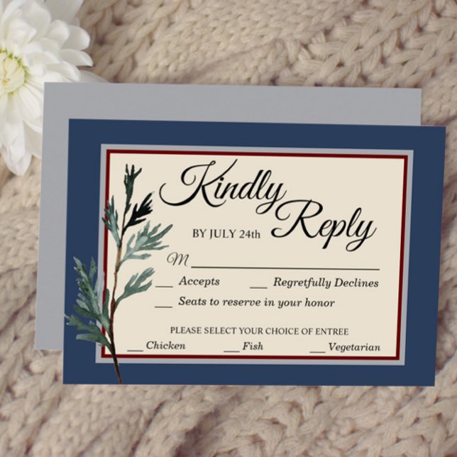 Pine Blue Winter Wedding Eye RSVP Karte (Von Creator hochgeladen)