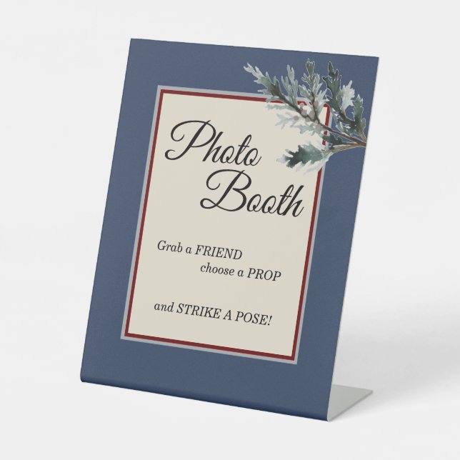Pine Blue Winter Wedding Foto Stand Pedestal Schil Sockelschild (Vorderseite)