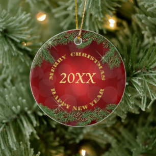 Pine Bough Gold Text Red Christmas Keramikornament
